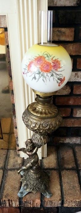 Antique Ornate Cherub Oil Banquet Lamp With Hand Painted Glass Shade, 40" Tall