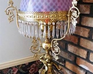 Antique Ornate Figural Double Cherub Victorian Parlor Oil Banquet Lamp, Converted To Electric, 40" Tall, Pink Iridescent Glass Shade 14" Diameter