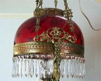 Antique Oil Hanging Library Lamp With Ruby Red Glass Shade And Font 34" High with 14" Diameter Shade, Converted To Electric