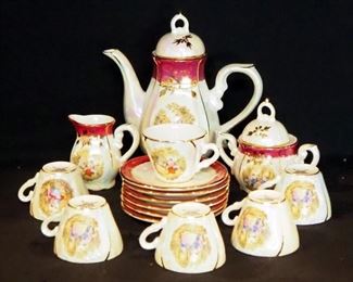 Painted Imperial China Tea Set With Gold Trim, 6 Place Setting Including Saucers, Cream, Sugar And Pitcher