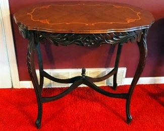 Antique Carved Wood Parlor Table With Floral Inlay Top 28.5" x 33" x 22"
