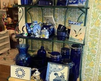 Cobalt blue pieces on a baker's rack, blue and white