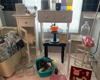 Small stands, cabinets and wicker laundry hamper