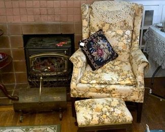 Antique heater, wing back chair with matching ottoman