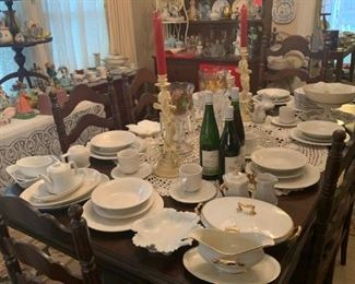 Mahogany dining room table and 6 chairs, Haviland china, vintage china cabinet and lots of collectables!