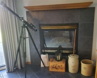 Telescope, antique #4 Red Wing butter churn and antique crock