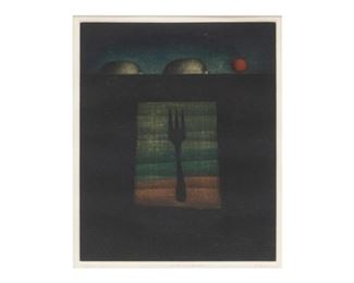Tomoe Yokoi (20th C.), "Fork and Lemon", signed and numbered etching, numbered 26/75, framed
frame: 26 x 22"
