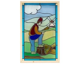Stained glass panel, shepherd motif, colorful, wooden frame

