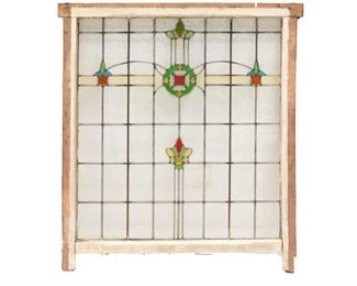 Stained glass panel, Art Deco motif, red, green, yellow, leaded glass, clear glass, wooden frame
