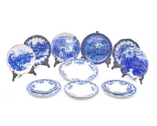 Lot of fifteen vintage plates, blue and white porcelain, landscape motif