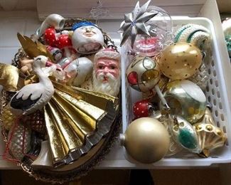 Large selection of antique and vintage Christmas ornaments.