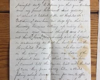 Condolence letter written to wife of deceased Civil War soldier.