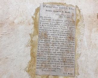 1850 dated Holy Bible. Named to James H. Cromwell, a Civil War soldier who died of disease. Glued on the inside front cover is a newspaper article detailing James' death. The text from the article is taken from a letter written to James' widow by a friend and neighbor. The letter is also for sale.