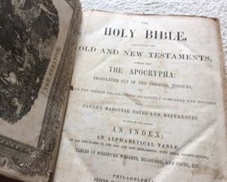 1850 dated Holy Bible. Named to James H. Cromwell, a Civil War soldier who died of disease. Glued on the inside front cover is a newspaper article detailing James' death. The text from the article is taken from a letter written to James' widow by a friend and neighbor. The letter is also for sale.