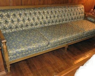 Very Nice Mid Century Modern Long Sofa Custom Built Mon O Made Quality Construction, Baltimore M.D. and Jersey City N.J. Blue and Gold Leaf Pattern