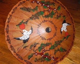 Vintage Oriental Rice Paper Umbrella, Hand Painted Crane and Bonsai Trees