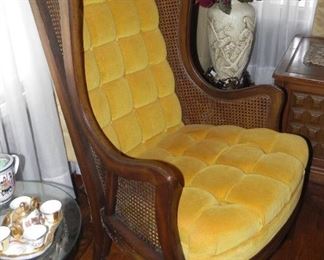 Mid Century Modern High Back Wood and Wicker Parlor Chair, Golden Yellow Velvet Upholstery 