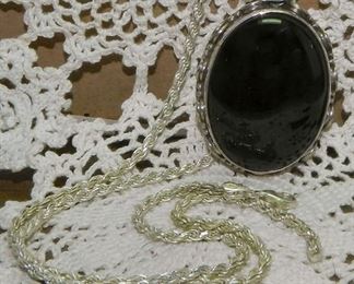 Large .925 Sterling Silver & Onyx Pendant with .925 Sterling Silver Chain
