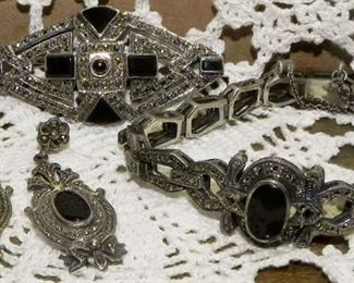 Vintage Sterling Silver and Onyx Set: Brooch, Bracelet and Earrings, marked .925