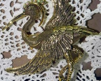 Nice Quality Tall Gold Tone Heron/Crane Bird Brooch with Aurora Borealis Rhinestone Accents