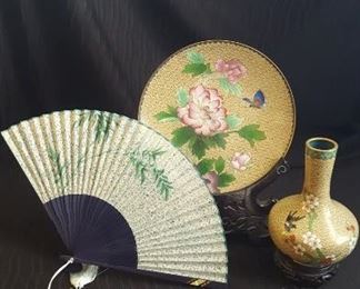 Chinese Cloisonne Plate, Vase, Fan