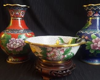 Chinese Cloisonne Vases Bowl with Wooden Carved Stand