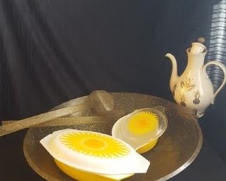 Pyrex Casserole Dishes, CoffeeTea Pot,  Lucite Salad Bowl with Tongs