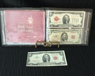 Two Red Seal $2 One Red Seal $5 Dollar Bills