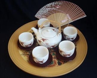 Vintage Asian Tea Set , Wood Expressive Tray Delicate Fan