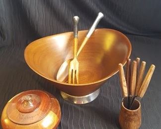 Walnut Wood Sterling Silver Serving Bowl, Set of Fruit Knives  Collector Bowl