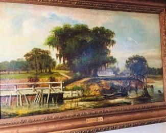 large oil on  canvas landscape  "Bayou Cabin" attributed to  New Orleans artist William Henry Buck1840-1888
Canvas 18” by 30” 