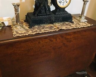 Ansonia mantle clock from 1880 "Hermes" and beautiful drop leaf table with brass feet