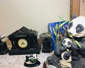 Boehm panda plus  mantle clock with pair of matching candle holders (a complete garniture)
