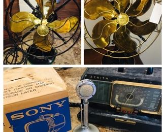 1.  1929 Emerson 4 brass blade fan (refurbished)                         2.  1917 Emerson 5 blade brass fan (refurbished                  3   Mint in box 1961 Sony mictro TV                                           4. Early shortwave radio and a lollypop microphone