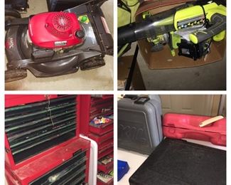 a room filled with mint power, lawn, and hand tools plus a Honda lawnmower