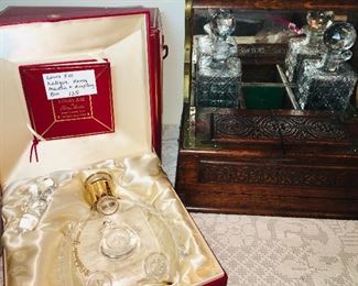 Lalique Remy Martin bottle and display box plus fine old whisky decanters