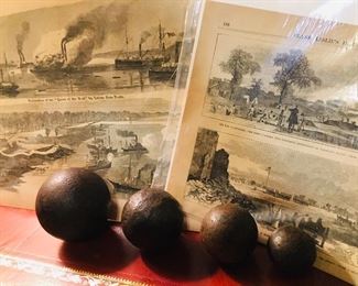 Civil War Battle of Shiloh cannon balls plus 1860's original prints of Louisiana battle scenes