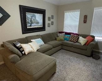 Bauhaus 3 piece Sectional Sofa, Decorative Pillows, Large Picture, Decorative Mirror