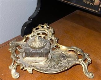 Vintage Brass Art Nouveau Ink Well