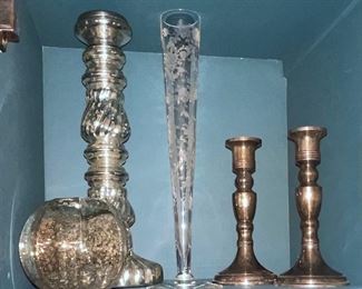 Silver-plated Candlestick Holder, Etched Glass Bud Vase Rosepoint