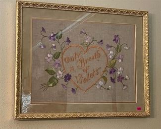 Embroidered Violets framed Needlepoint