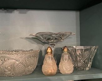 Pressed Glass Bowls, William Adams Towle Frosted Rose Crystal Salt and Pepper Set Silver Plated Lids