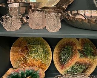 Majolica Plates and EAPG Fancy Loop By Heisey