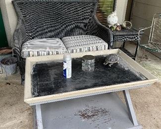 Wicker love Seat, Wood Coffee Table