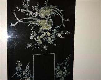 Chinese mother of pearl inlay on black lacquer wood wall hanging.