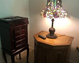 Jewelry Cabinet, Night Stand, Pair of Stained Glass Lamps (1 of 2)