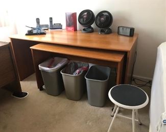 Desk w/ Return, Trash Cans, Vornado Fans