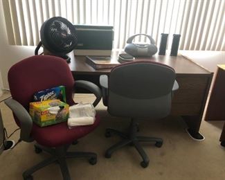 Desk, Office Chairs, Cooler, Vornado Fan, Radio