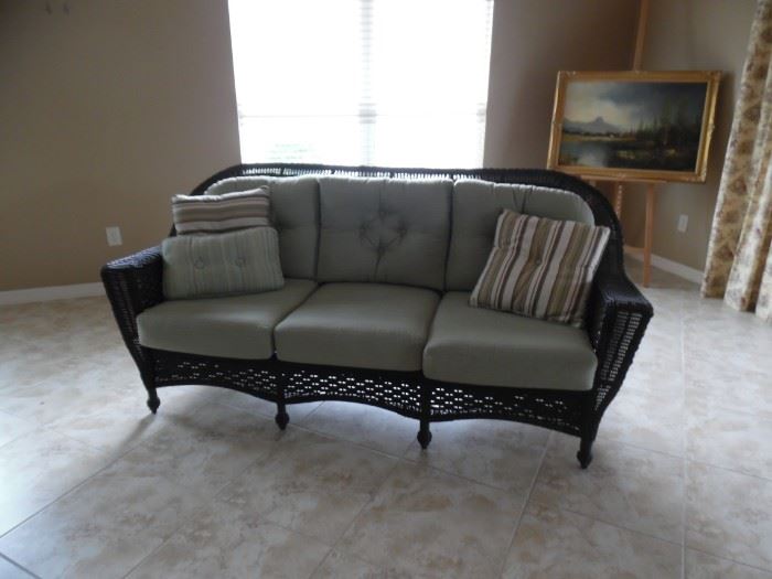 All weather wicker, 3 cushion sofa