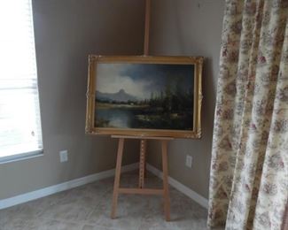  Oil Painting by H. Scheffel.  Gilt Frame.  Easel sold separately